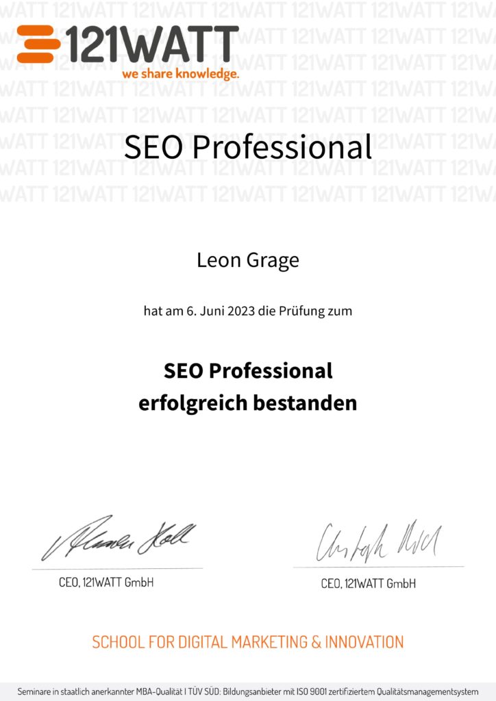 121Watt - SEO Professional Zertifikat