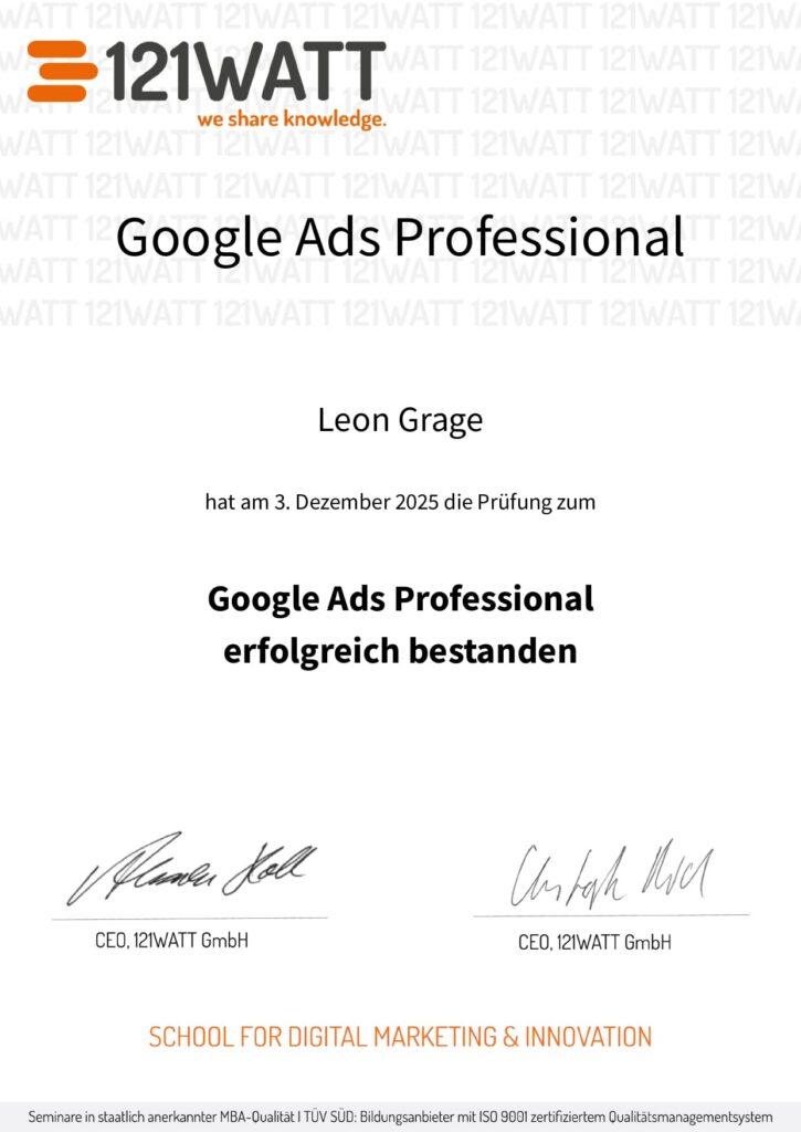 121Watt - Google Ads Professional Zertifikat